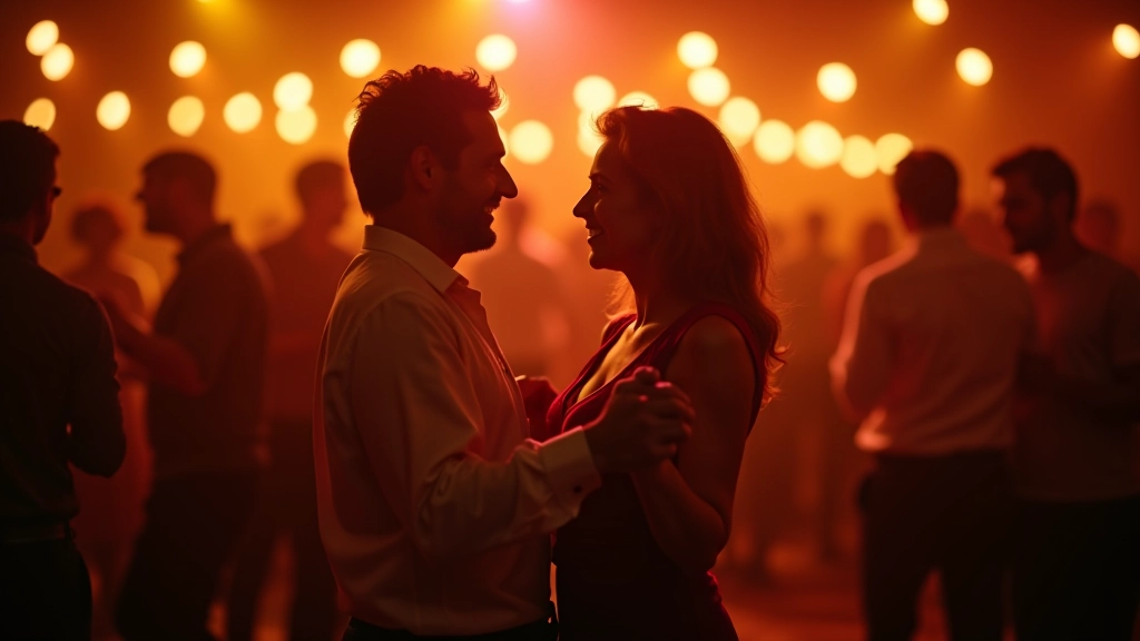 Adults aged 45-65 dancing salsa together at a community meetup event with energetic music