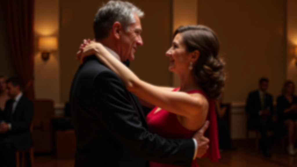 Couple aged 50 dancing ballroom together in formal attire in an elegant ballroom setting