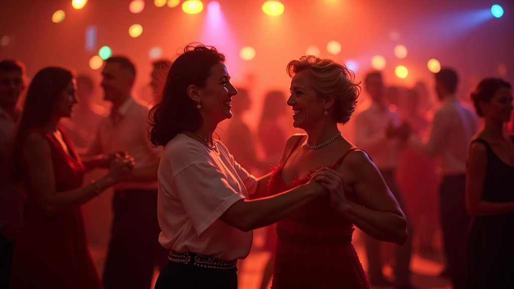 Dancers at a lively Latin music event with colorful venue ambiance, upbeat energy, and festive atmosphere with multiple people dancing