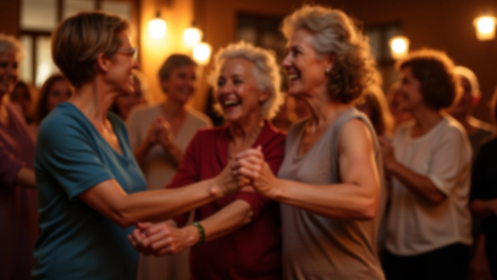 Group of mature dancers smiling and enjoying themselves at a social dance gathering with genuine connection and warmth visible