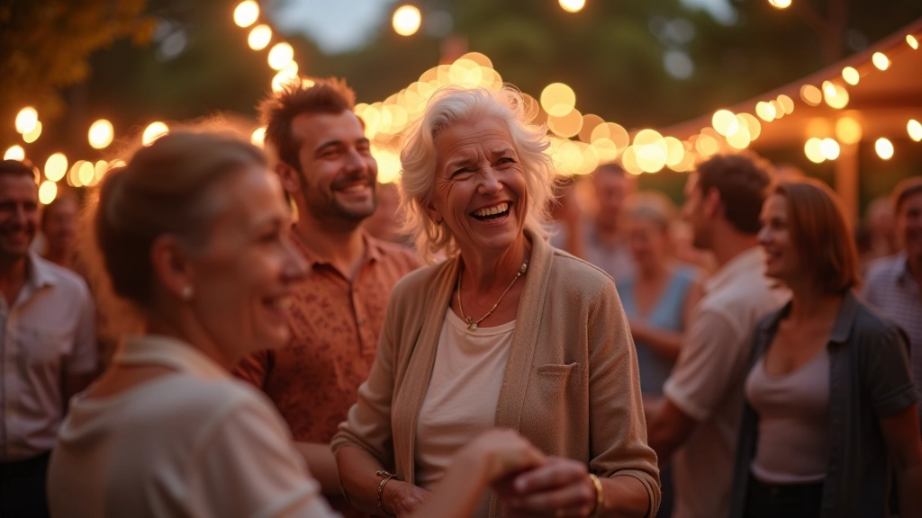 Group of mature dancers aged 45-70 smiling and celebrating together at a festival, warm evening lighting, festive atmosphere