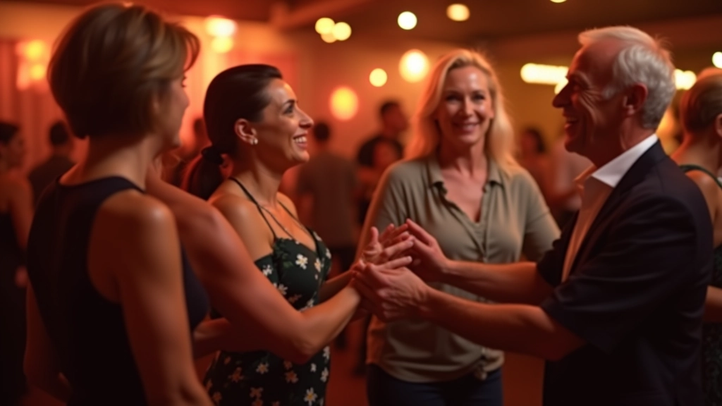 A diverse group of mature dancers socializing and laughing together at a bachata social event