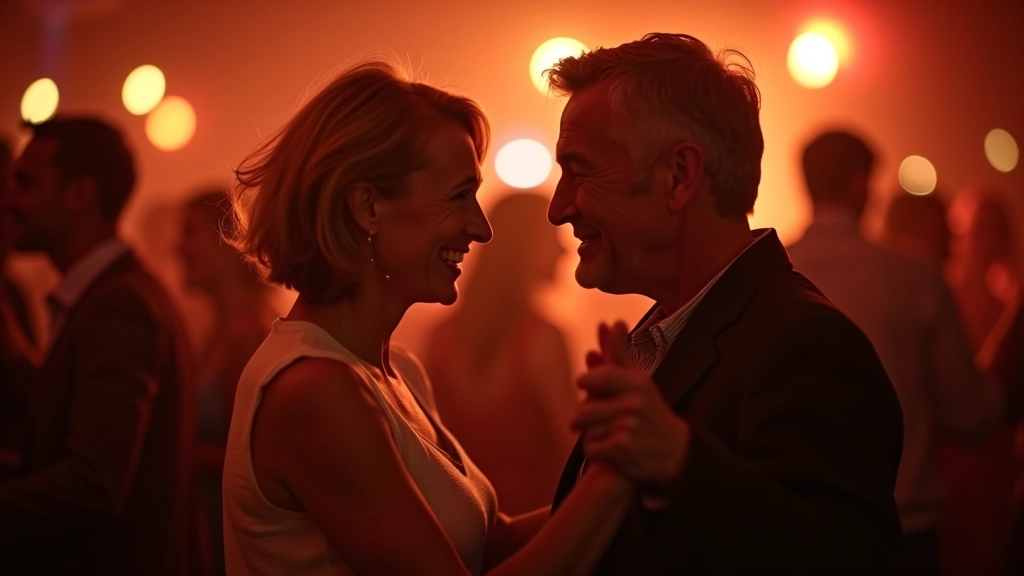 Mature adults aged 45-60 dancing together at a bachata social event in an indoor venue