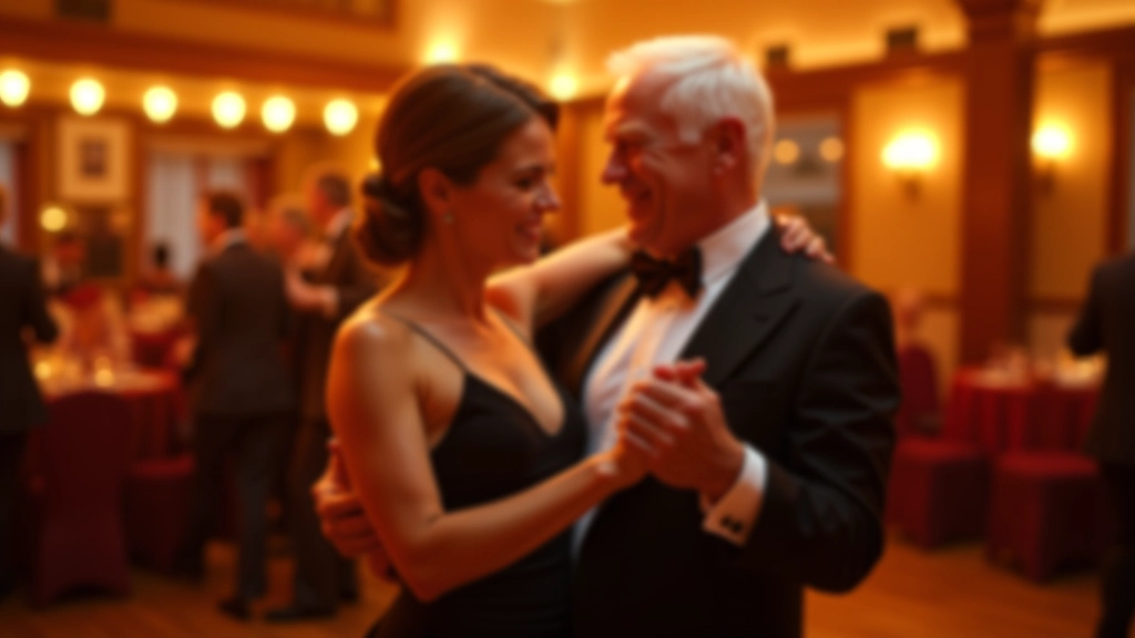 Mature couple aged 50-60 dancing together at an indoor festival with warm golden lighting and happy expressions