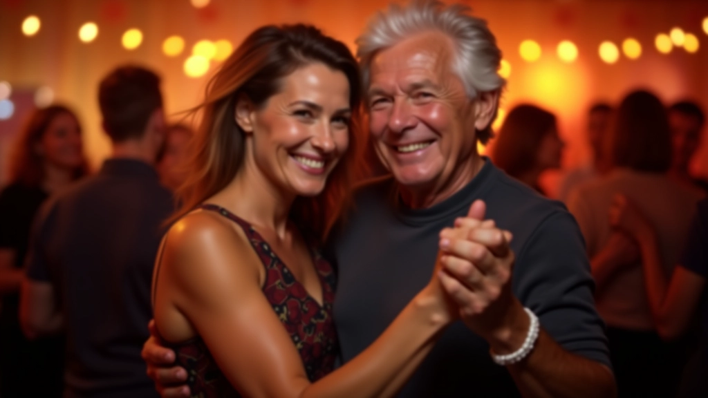 Two mature dance partners smiling at each other during a social dance event, showing comfortable connection