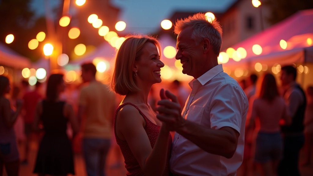 Large outdoor festival setting with mature dancers celebrating and enjoying an evening event under warm lighting