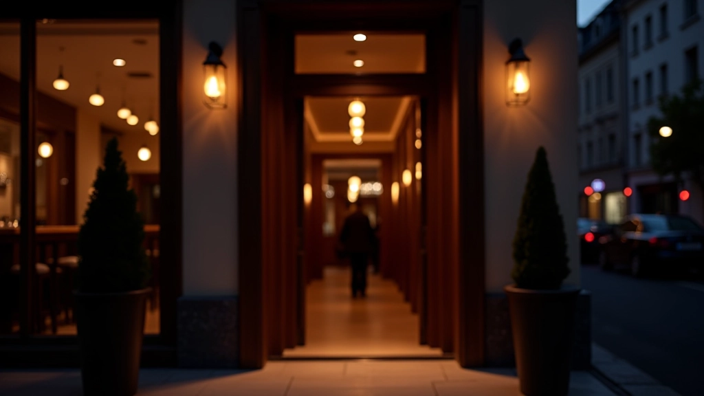 Exterior view of a modern dance venue entrance with signage and welcoming entrance lighting in the evening